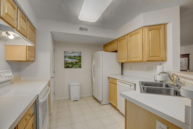 kitchen featuring visible vents, under cabinet range hood, light floors, white appliances, and a sink