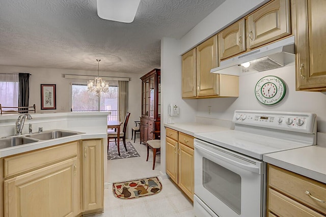 kitchen featuring white electric range oven, an inviting chandelier, a sink, light countertops, and under cabinet range hood