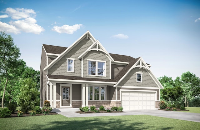 craftsman house featuring a front yard, concrete driveway, stone siding, and a shingled roof