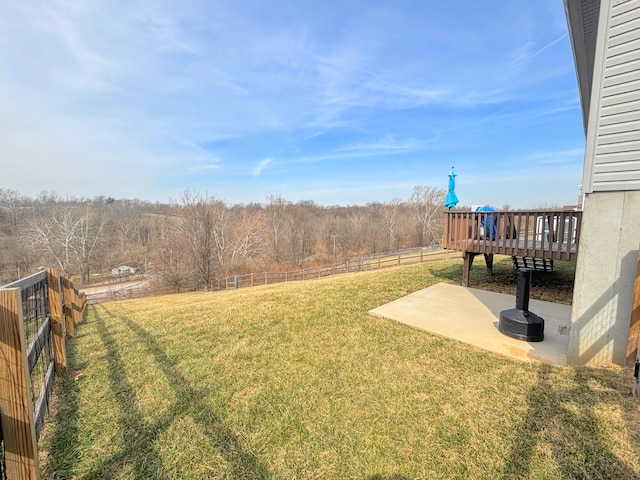 view of yard featuring a fenced backyard, a wooden deck, and a patio