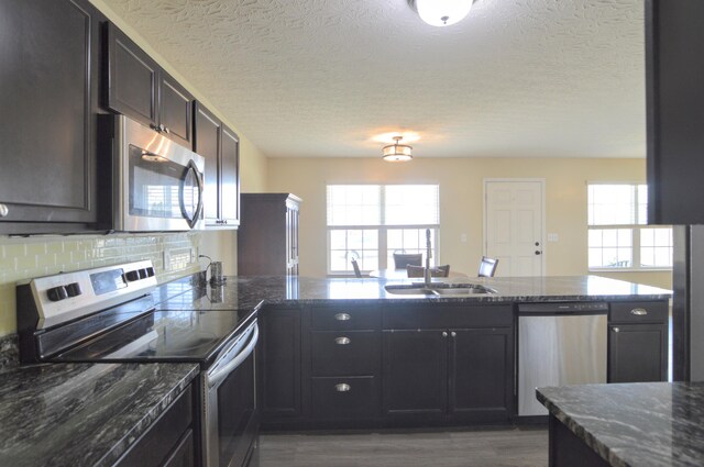 kitchen featuring wood finished floors, stainless steel appliances, dark stone counters, and a sink