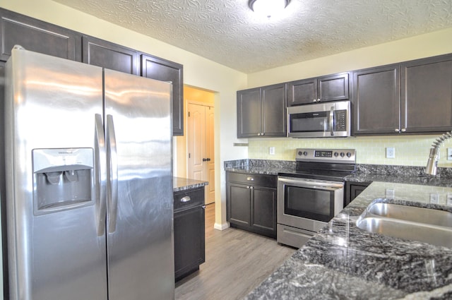 kitchen with a sink, dark stone countertops, backsplash, stainless steel appliances, and light wood finished floors