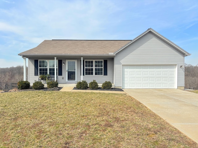 ranch-style home featuring driveway, roof with shingles, a porch, a front lawn, and a garage