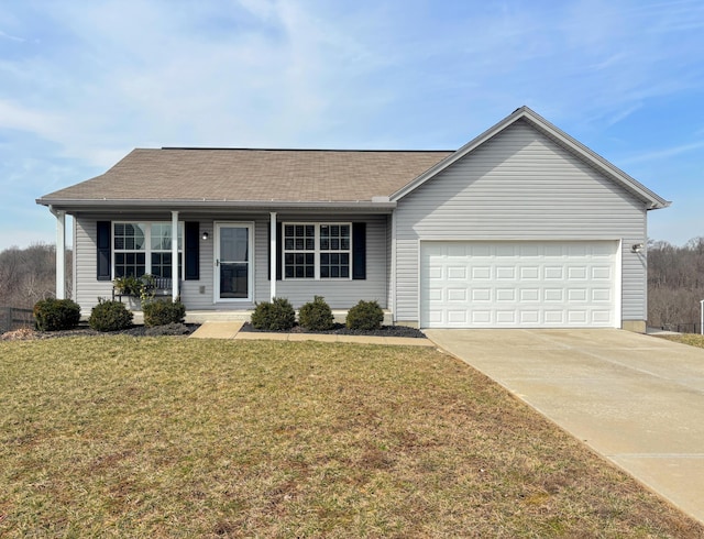 ranch-style home featuring covered porch, driveway, a front yard, and a garage