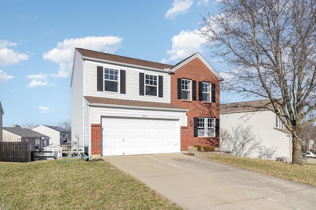 view of front facade featuring brick siding, fence, concrete driveway, a front yard, and an attached garage