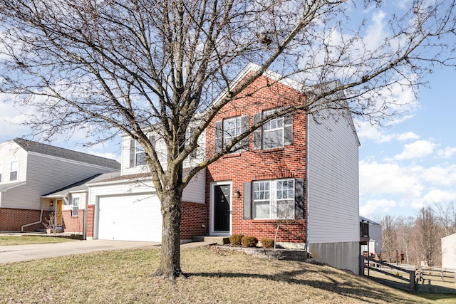 view of front facade featuring brick siding, fence, a front yard, a garage, and driveway