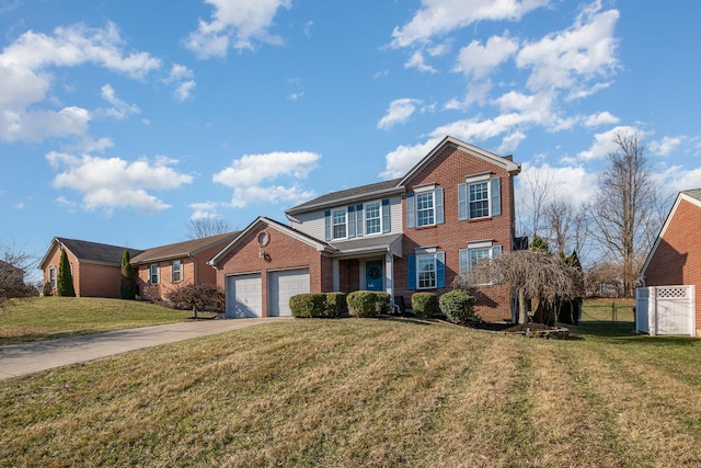 view of front of property featuring brick siding, fence, a front yard, a garage, and driveway