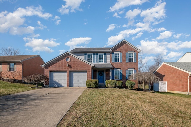 view of front facade with brick siding, driveway, a front lawn, and an attached garage