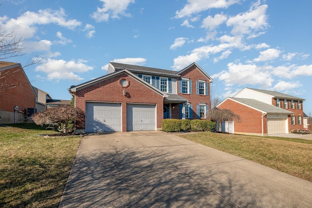 view of front of house with brick siding, an attached garage, driveway, and a front yard