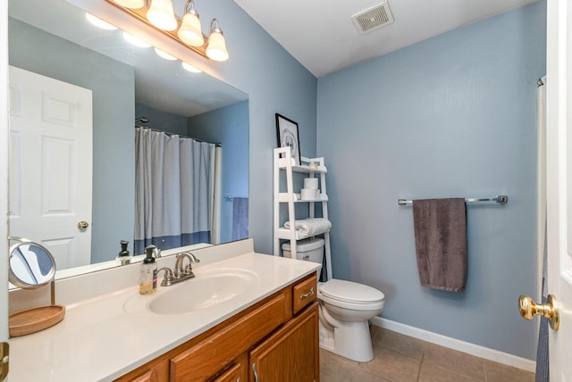 full bathroom with tile patterned flooring, visible vents, baseboards, toilet, and vanity