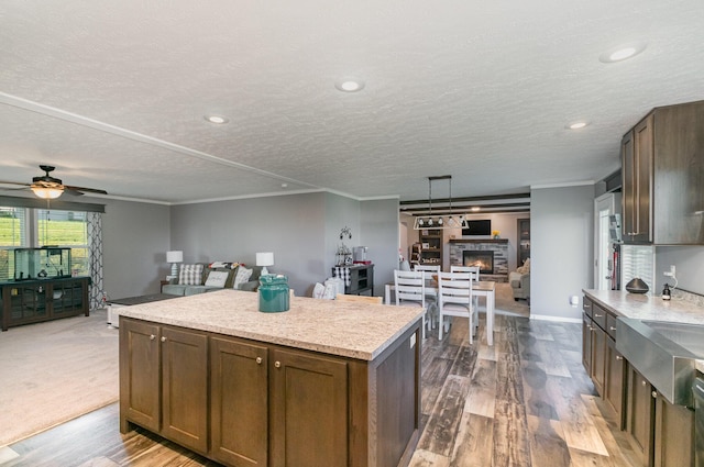 kitchen featuring ceiling fan, ornamental molding, light countertops, open floor plan, and a center island