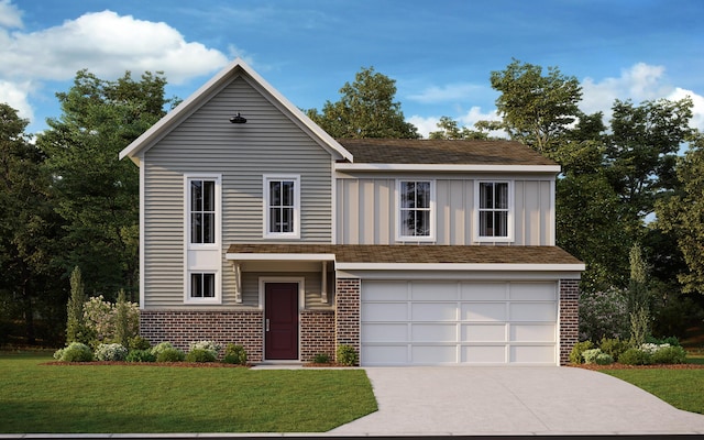 traditional-style home featuring driveway, a front yard, brick siding, and an attached garage