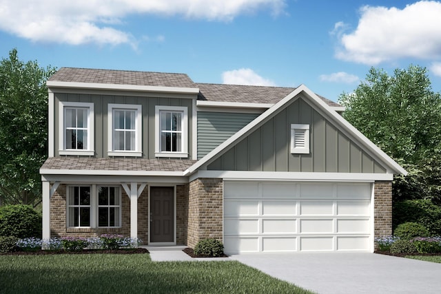 view of front of house with board and batten siding, brick siding, a garage, and driveway