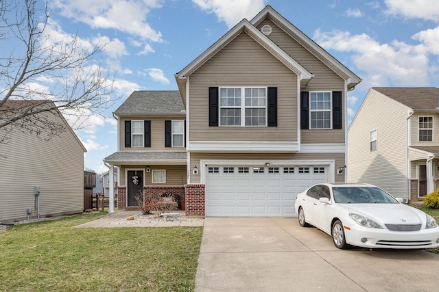 view of front of house featuring brick siding, an attached garage, a shingled roof, a front yard, and driveway