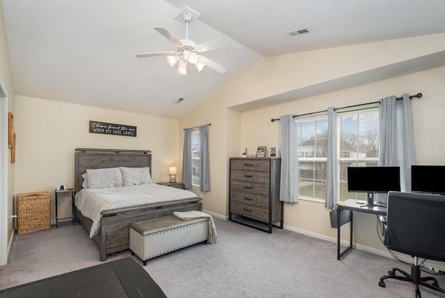 bedroom featuring visible vents, carpet floors, baseboards, ceiling fan, and vaulted ceiling