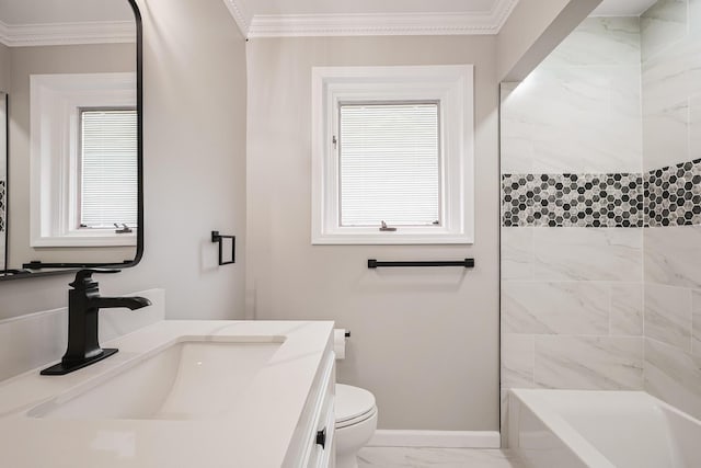 bathroom with crown molding, toilet, baseboards, and marble finish floor