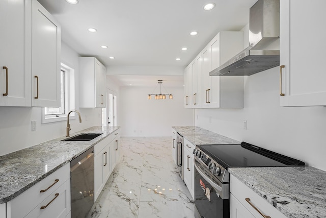 kitchen featuring recessed lighting, a sink, appliances with stainless steel finishes, wall chimney range hood, and marble finish floor