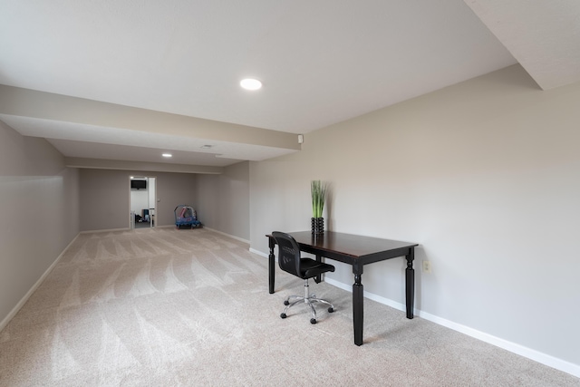 carpeted home office featuring recessed lighting and baseboards