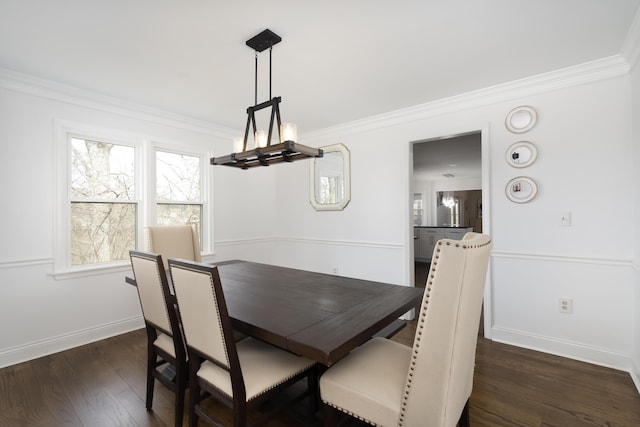 dining area featuring baseboards, dark wood-type flooring, and ornamental molding