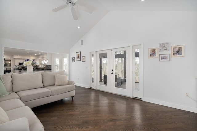 living room with dark wood-style floors, baseboards, high vaulted ceiling, ceiling fan, and french doors