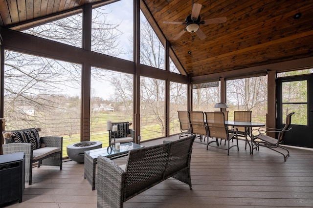 sunroom with wooden ceiling, a ceiling fan, and vaulted ceiling