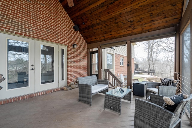 exterior space with french doors, wood ceiling, and vaulted ceiling