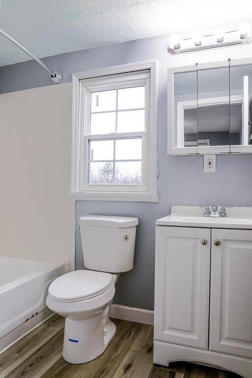 bathroom featuring vanity, wood finished floors, baseboards, a textured ceiling, and toilet