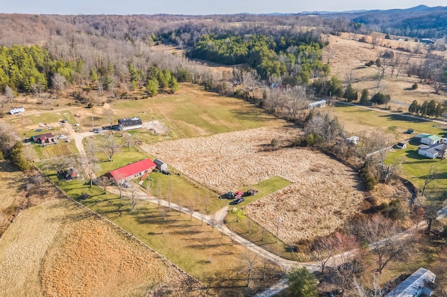 aerial view featuring a rural view and a forest view