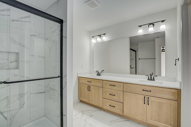 350 Foxhunt Dr, Walton, KY 41094 - bathroom featuring marble finish flooring, a marble finish shower, and double vanity