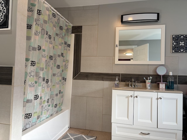 98 S Main St, Dry Ridge, KY 41035 - bathroom featuring vanity, tile walls, decorative backsplash, tile patterned floors, and shower / bath combination with curtain