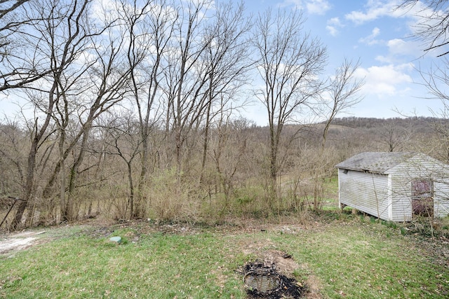 view of yard with a storage unit, an outdoor structure, and a forest view