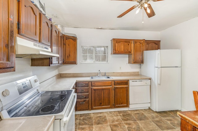 kitchen featuring a sink, brown cabinetry, under cabinet range hood, white appliances, and ceiling fan
