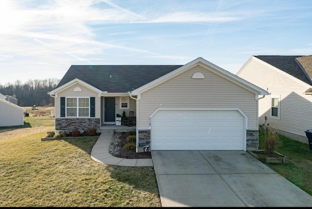 ranch-style home featuring an attached garage, concrete driveway, stone siding, and a front lawn