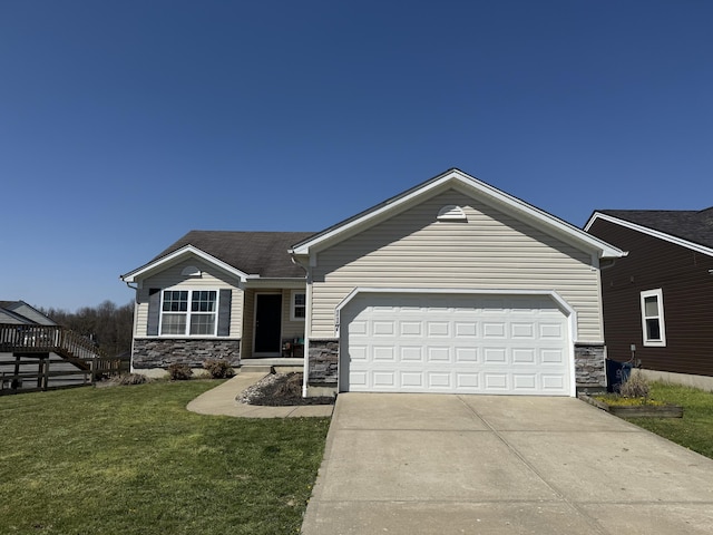 ranch-style house featuring a garage, a front yard, driveway, and stone siding