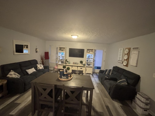 living room featuring a textured ceiling and wood finished floors