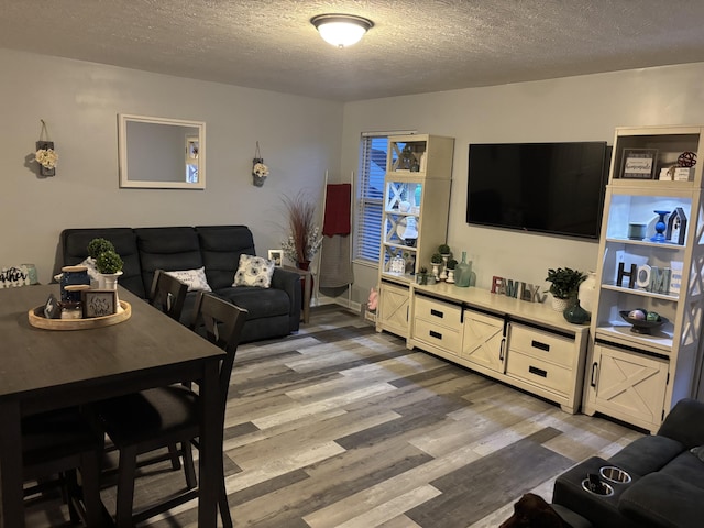 living area with light wood-style floors and a textured ceiling