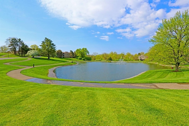 view of property's community with a yard and a water view
