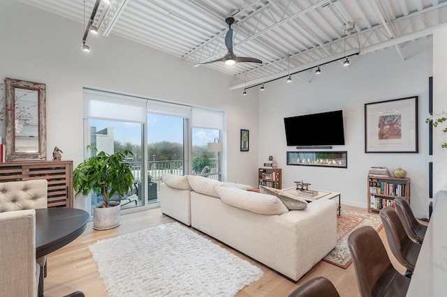 living area with track lighting, a ceiling fan, and wood finished floors