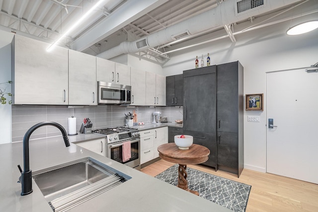 kitchen with tasteful backsplash, visible vents, stainless steel appliances, light wood finished floors, and a sink