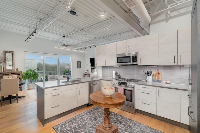 kitchen with light wood-style flooring, a peninsula, appliances with stainless steel finishes, a sink, and backsplash