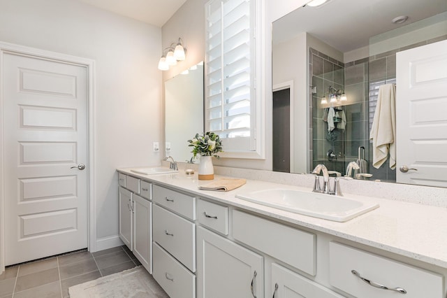 full bathroom featuring tile patterned floors, a shower stall, and double vanity
