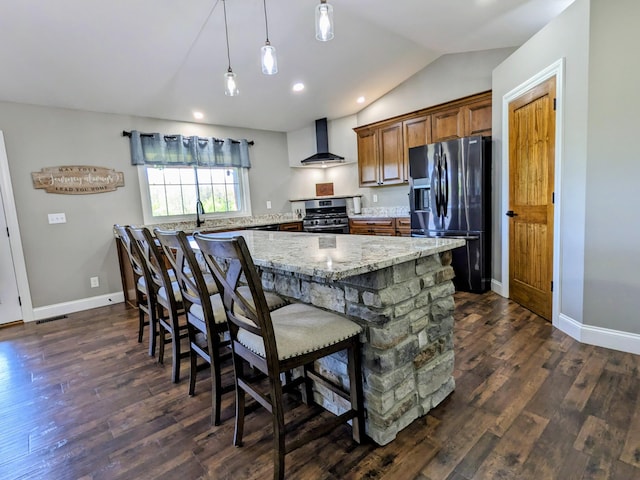 4400 Chipman Ridge Rd, Williamstown, KY 41097 - kitchen featuring black refrigerator with ice dispenser, stainless steel stove, wall chimney exhaust hood, lofted ceiling, and light stone countertops