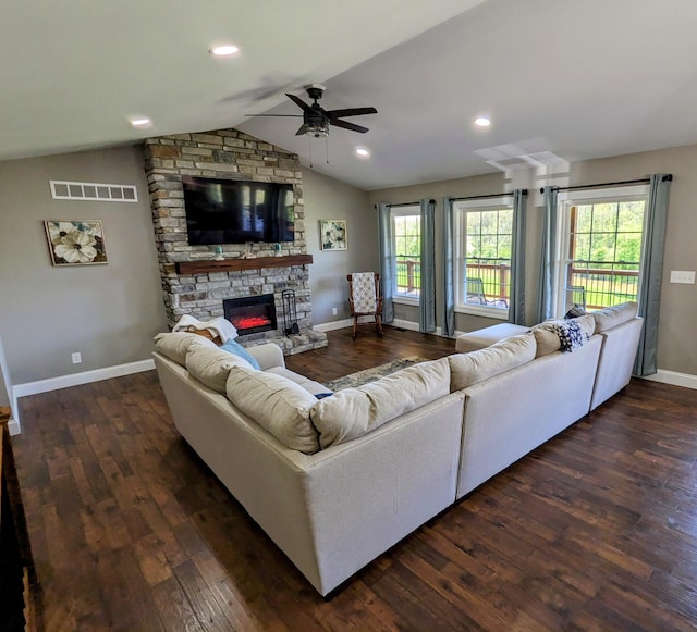 4400 Chipman Ridge Rd, Williamstown, KY 41097 - living area featuring lofted ceiling, a ceiling fan, dark wood-style floors, a stone fireplace, and recessed lighting