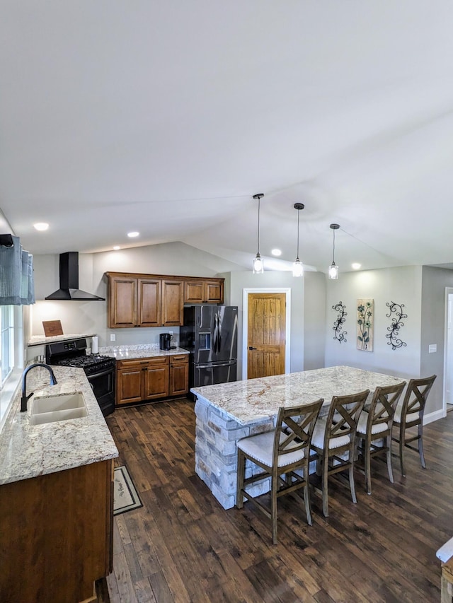 4400 Chipman Ridge Rd, Williamstown, KY 41097 - kitchen with black refrigerator with ice dispenser, wall chimney exhaust hood, gas stove, dark wood finished floors, and lofted ceiling