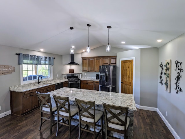 4400 Chipman Ridge Rd, Williamstown, KY 41097 - kitchen with black appliances, vaulted ceiling, dark wood finished floors, a breakfast bar area, and light stone countertops