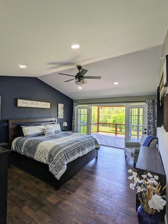 4400 Chipman Ridge Rd, Williamstown, KY 41097 - bedroom with access to exterior, multiple windows, vaulted ceiling, wood finished floors, and a ceiling fan
