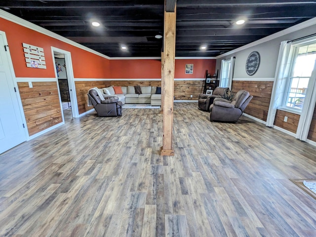 4400 Chipman Ridge Rd, Williamstown, KY 41097 - living room featuring wainscoting, ornamental molding, wood walls, wood finished floors, and recessed lighting