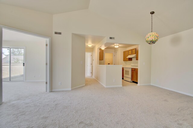 7370 Centrecrest Ln Unit E, Florence, KY 41042 - unfurnished living room featuring light colored carpet, high vaulted ceiling, and baseboards