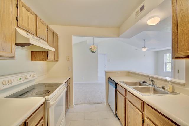 7370 Centrecrest Ln Unit E, Florence, KY 41042 - kitchen featuring white electric range oven, under cabinet range hood, dishwashing machine, a sink, and light countertops