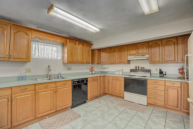 13471 Peach Grove Rd, California, KY 41007 - kitchen with black dishwasher, a sink, light countertops, under cabinet range hood, and white electric range oven